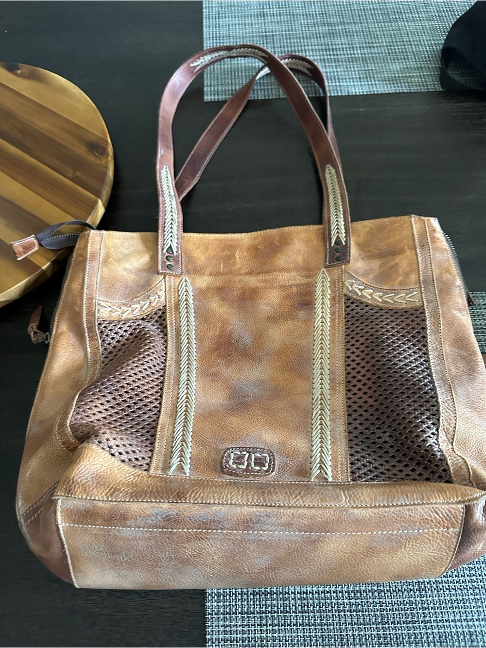 Bed Stu Brown Tan Woven Leather Tote - Picture 5 of 12